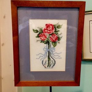 Vintage cross stitch wall art flower picture.